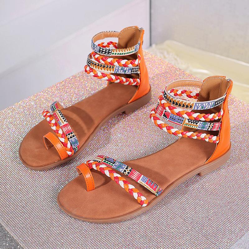 Fashion 2025 Ladies Summer Fashional Bohemia Ethnic Colorful Stitching Roman Style Open Toe Zipper Women Flat Fancy Sandals Beach Shoes