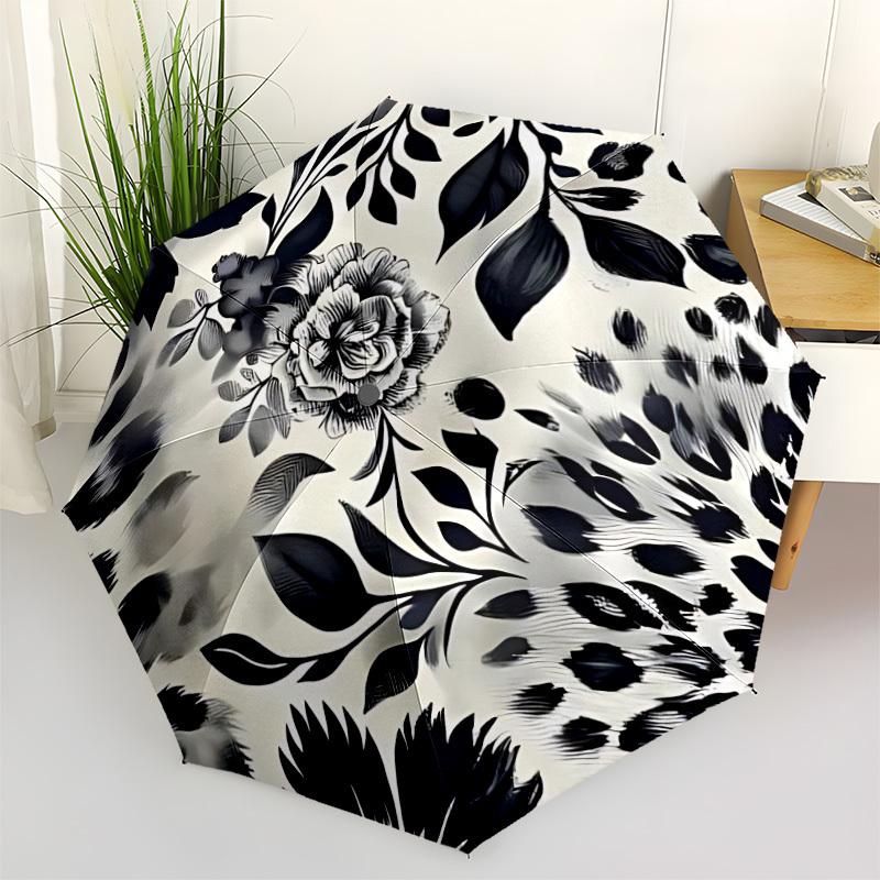 1pc Leopard Floral Automatic Folding Umbrella with 8-Rib Windproof Design, Portable Foldable Sunshade Umbrella For Halloween 009