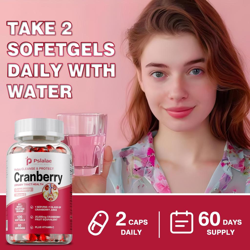 Pslalae Cranberry & Vitamin C Softgels - Immune Support, Urinary Tract Health, Easy Swallow Capsules - 120 Count