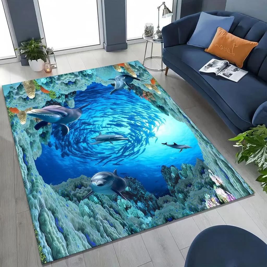 3D Dinosaur Ocean Carpet Mat Rug Illusion Effect Home Decoration Non-slip Kids Room Visual Impact Floor Mat with Dolphin Design
