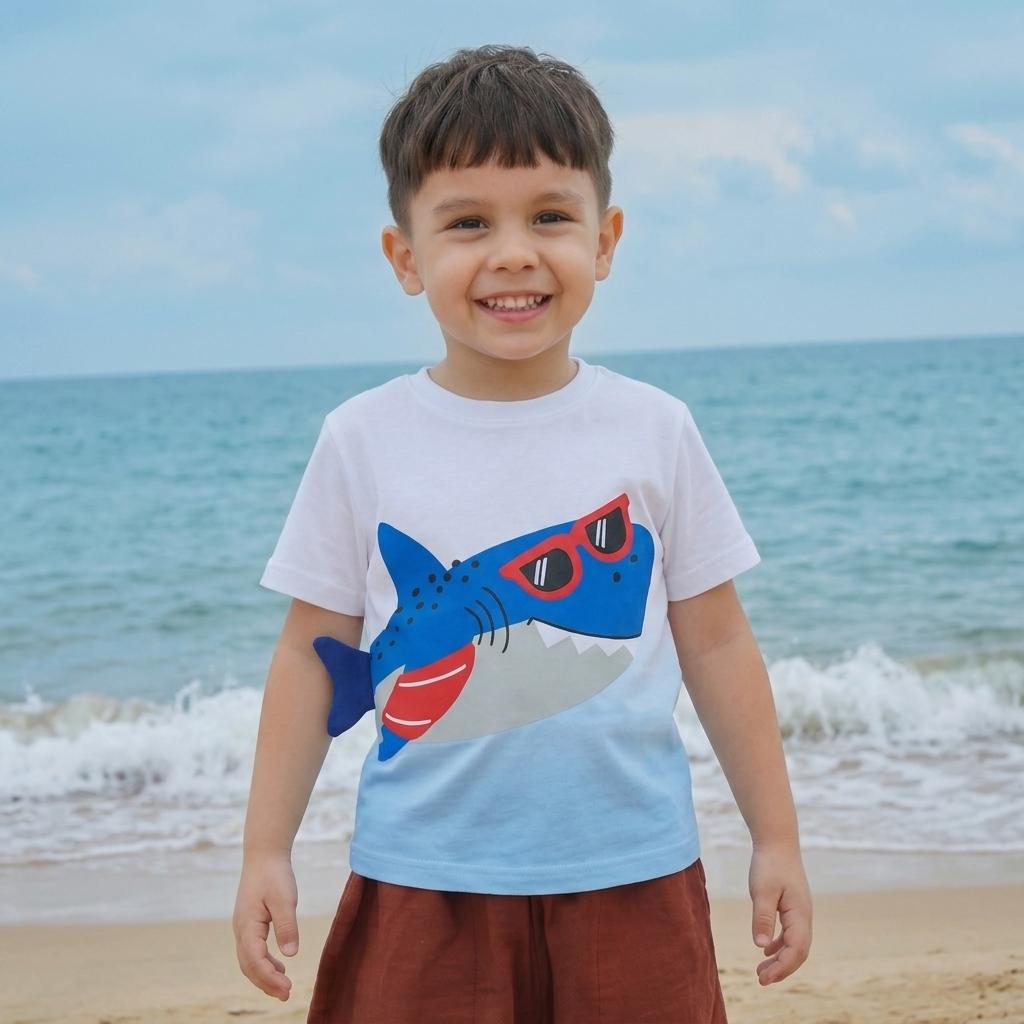Summer New Boys' T-Shirt Round Neck Children'S Short Sleeve T-Shirt Knitted Cotton Shark Print Children'S Sweatshirt