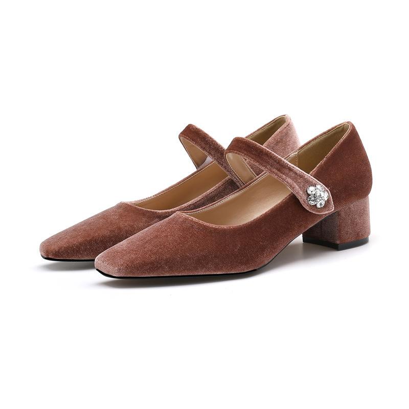 2025 Spring and Autumn Mary Jane Coarse Heel Single Shoes Women's Shallow Mouth One-word Buckle Strap Velcro Golden Velvet Retro Women's Shoes Larg