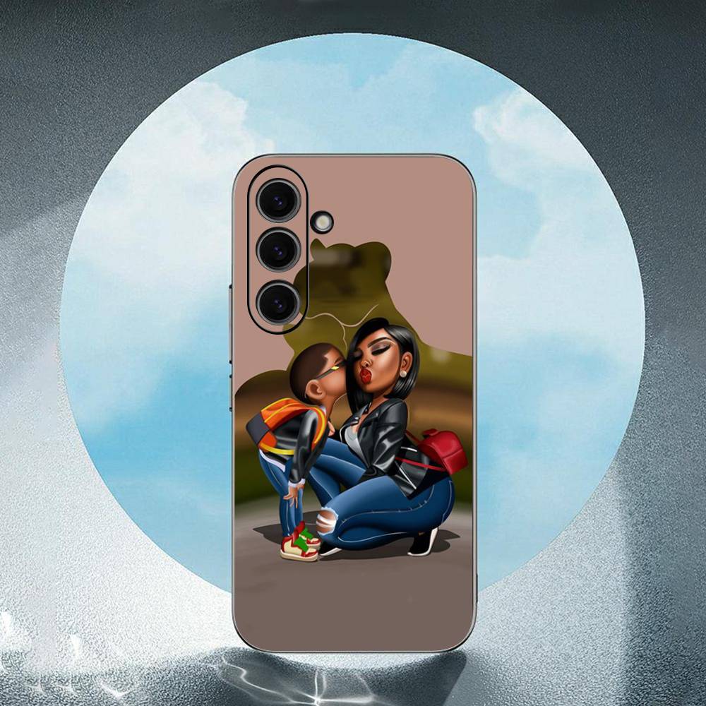 

Black Brown Hair Baby Mom daughter Girl Son Dad Luxury Black Phone Case For Samsung Galaxy S23 S24 S25 Ultra S22 Plus S21 SamsungS20fe