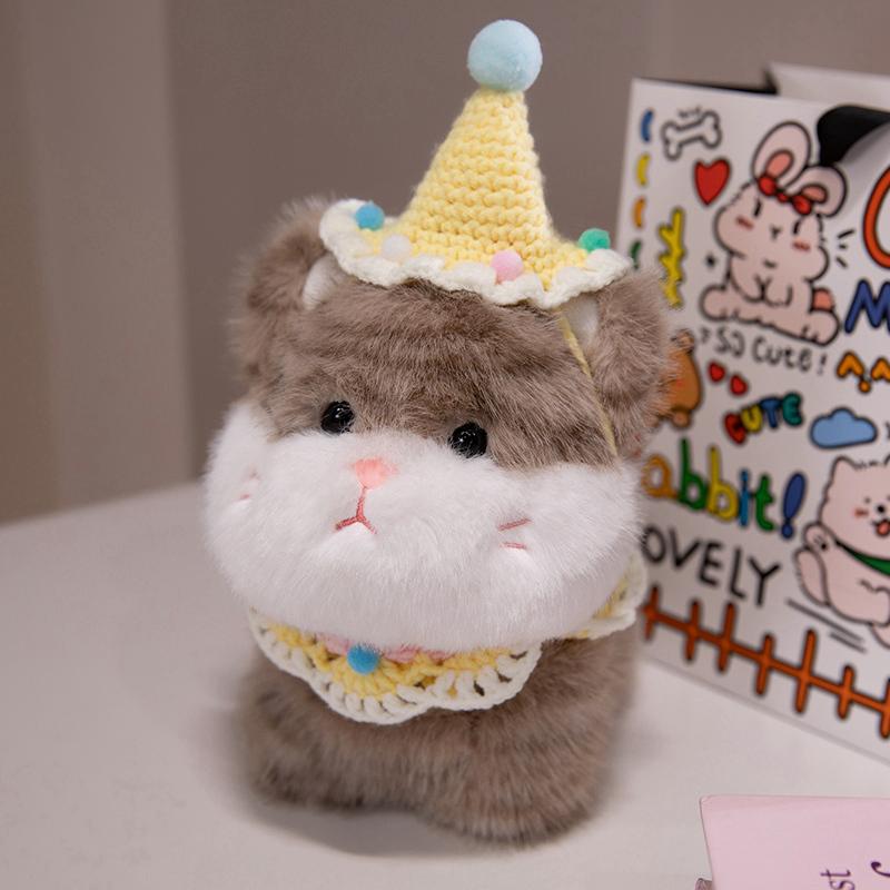 Cute Big Face Cat With Birthday Hat Fruit Cake Snack Bib Decor Kawaii Grey Orange Cats Kittens Plushie For Kids Birthday Gift