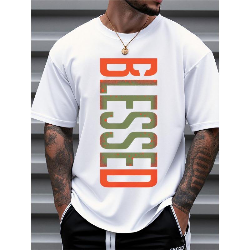 Mens White T-Shirt With Blessed Print | Soft Breathable Crew Neck Short Sleeve Tee, Loose Fit Casual Shirt For Casual Attire, Summer Outfits
