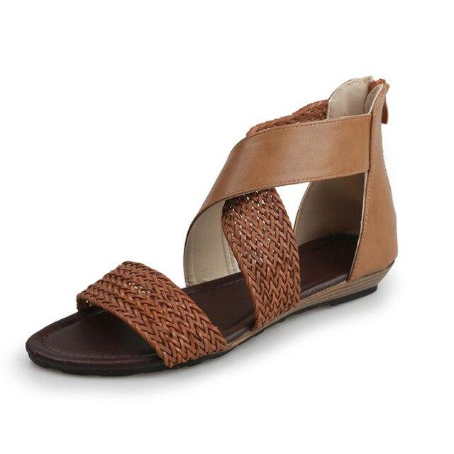 Rimocy Brown Leather Weave Gladiator Sandals Women Vintage Cross Strap Flat Sandalias Woman 35 -42 Casual Beach Summer Shoes