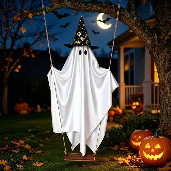 Lighted Spooky Ghost Decor Halloween Swing Hanging Decoration, Witch Hat Ornament with LED Battery Powered String Light, Remote Control Light-up