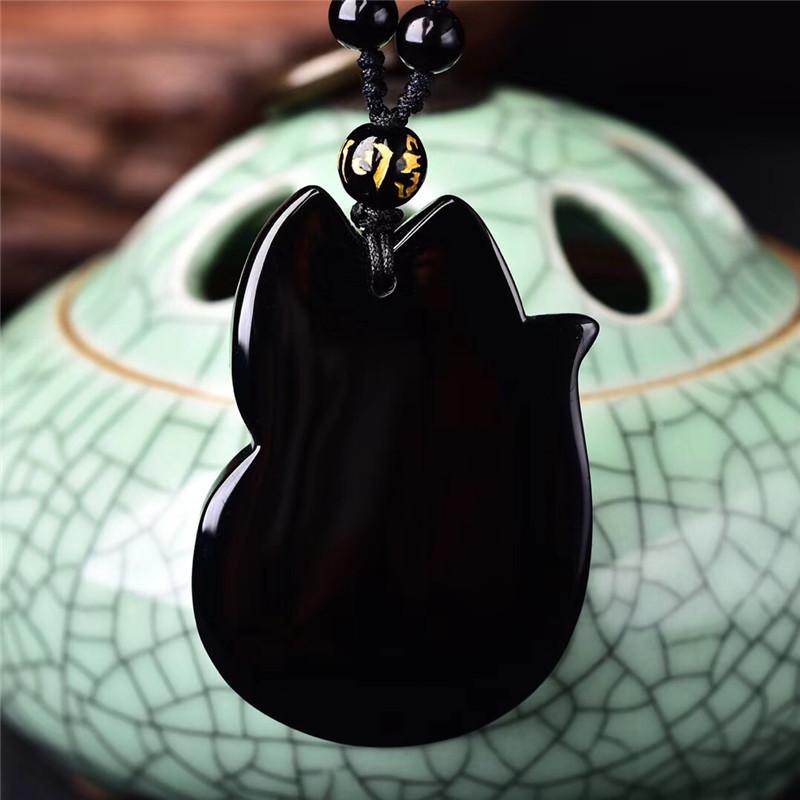 Vintage Exquisite Obsidian Fox Pendant Beaded Chain Necklace Charm Unisex Amulet Jewelry Gift