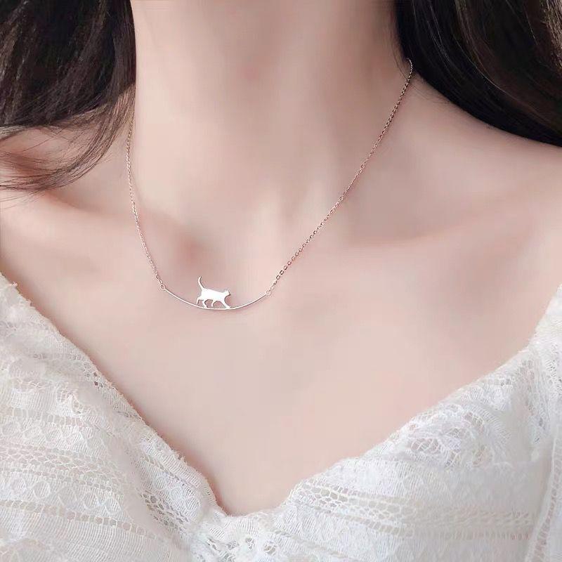 Curved Cat Necklace, 925 Sterling Silver, Cute Clavicle Chain for Women, Korean-Style Trend
