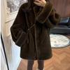 Korean Style Vintage Two-Tone Mink Plush Shearling Coat with Stand-Up Collar and Cuffed Sleeves for Women
