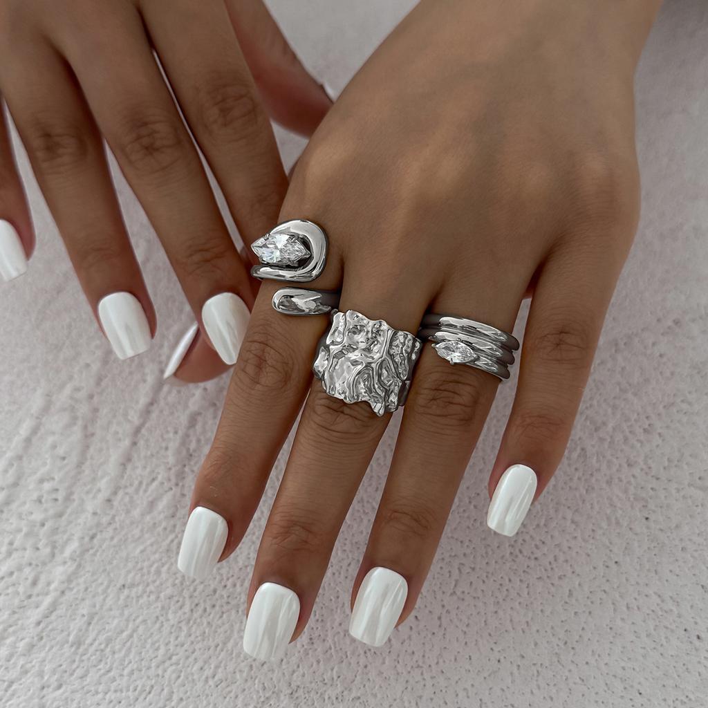 Salircon 3Pcs/Set Vintage Irregular Rhinestone Opening Rings Women Fashion Metal Water Drop Ring Luxury Daily Wear Jewelry Y2K