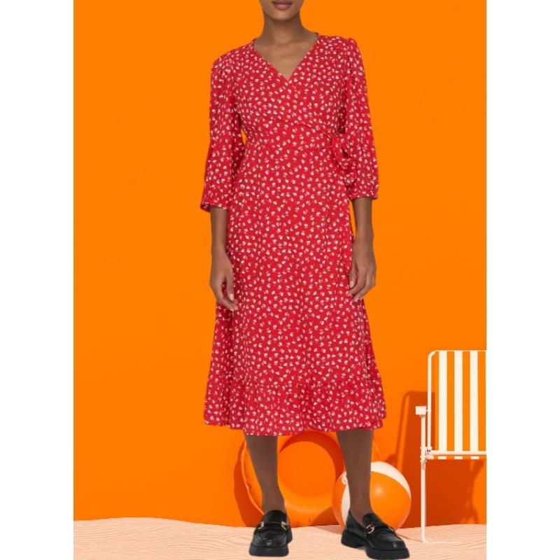 

VEZFAA Women s Fashion Summer Spring Polka Dot Print 3/4 Sleeves V-Neck High Waist Casual Dresses XXL червоний