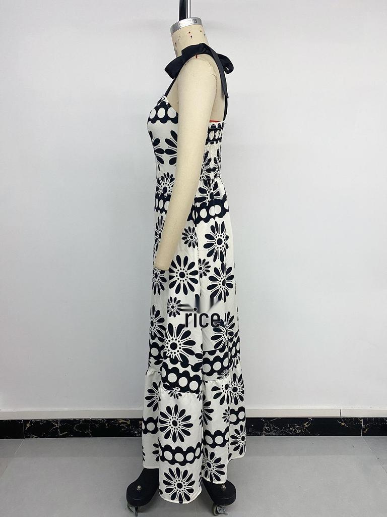 2026 Retro-Blumenmuster Träger-Sonnenkleid: Schmal geschnittener Ethno-Stil mit offenem Rücken für Damen