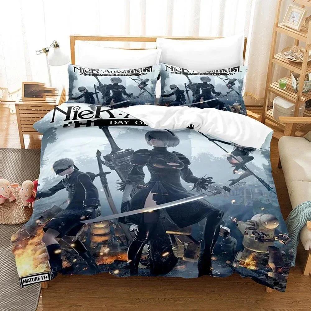 Gra NieR Automata YoRHa Nr 2 Typ B 2B Drukowany Zestaw Pościeli Poszwa na Kołdrę Poszewka na Poduszkę Zestaw Pościeli Pościel Prześcieradło Poszwa na Kołdrę Pełny Rozmiar