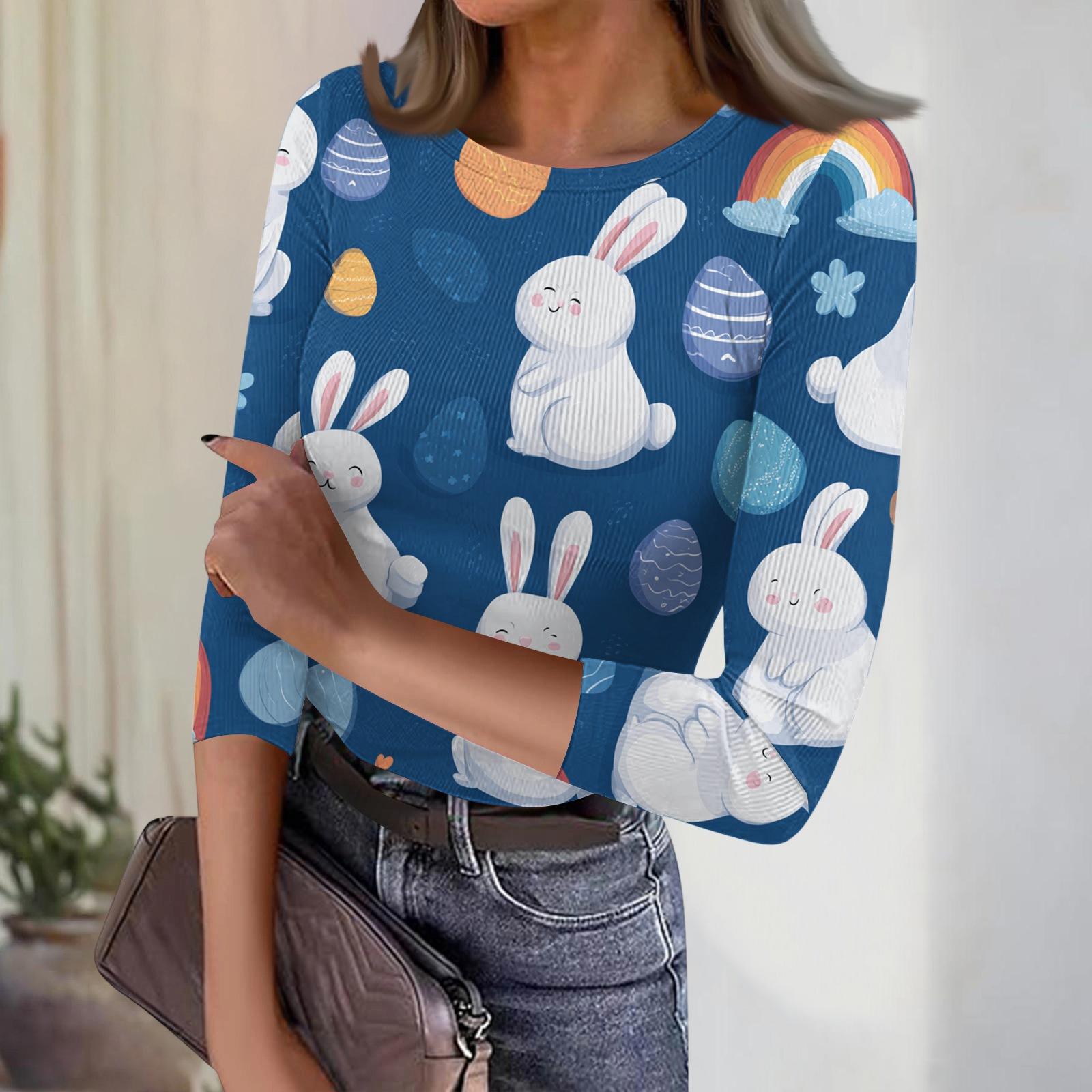 Women s Casual Fashion Round Neck Easter Print Three-Quarter Sleeve Ribbed Top XL
