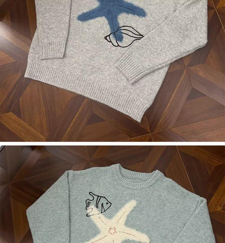 Unisex Korean Lazy Star Embroidered Round Neck Sweater - Casual Autumn/Winter Knit Top