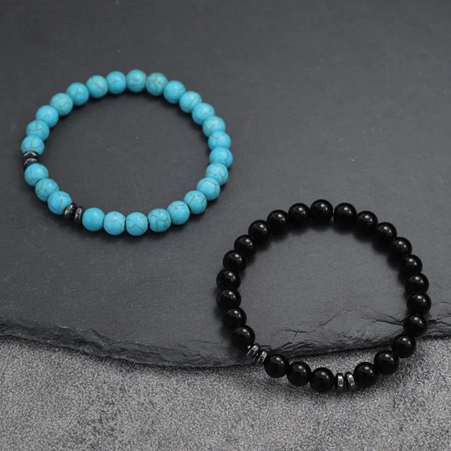 Genuine Natural Stone Beads Bracelet Men 8MM Howlite Obsidian Tiger Eyes Beaded Elastic String Bangles Homme Joias