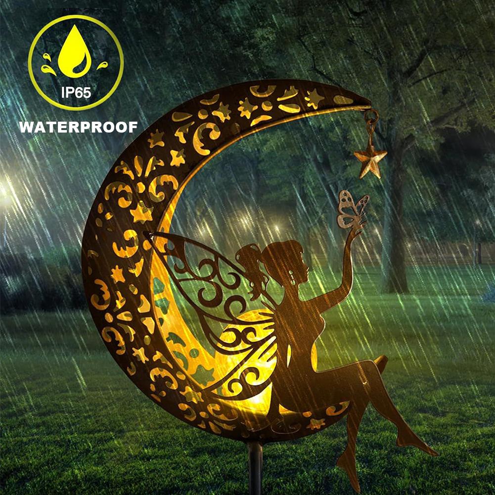Solar Garden Statues Outdoor Decor IP65 Waterproof Moon & Fairy Solar Stake Light Moon Glass Globe with Angel Decor