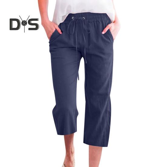 Frauen Sommer Hosen Jogginghose Einfarbig Gerade Weiche Elastische Taille Kordelzug Hosen Mittlere waden Länge Geerntete Hosen