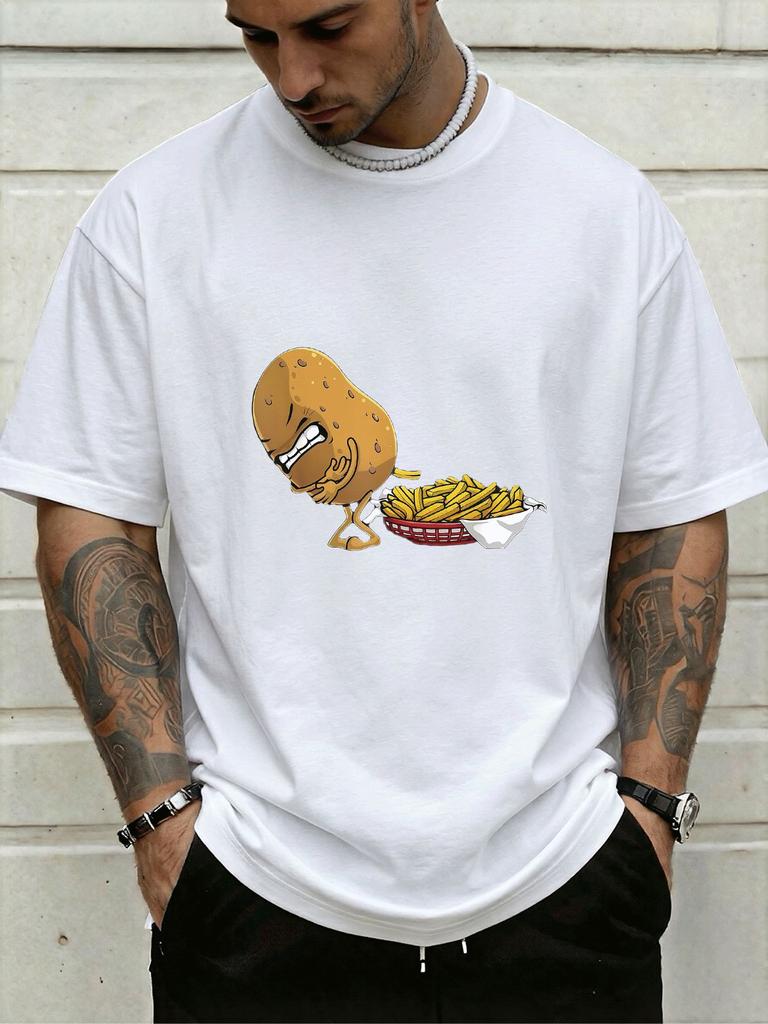 Unisexs Crew Neck Tee Funny Potato Making French Fries Cartoon Print Loose Dark Grey Street Casual Daily Summer Short Sleeve Top
