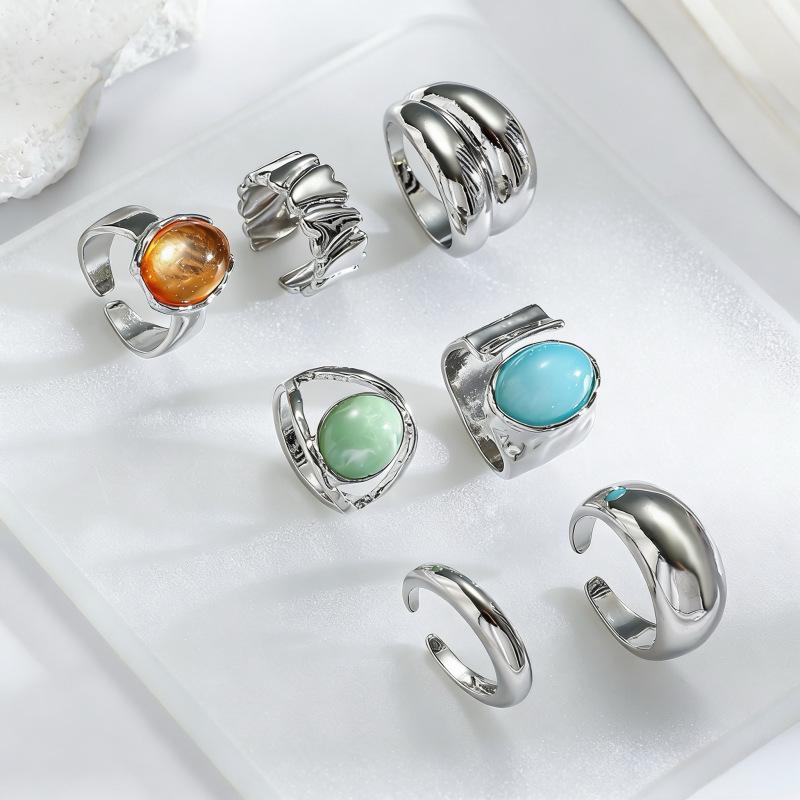 Trendy Stackable Gemstone Ring Set - Adjustable Retro Metal Open Rings for Women
