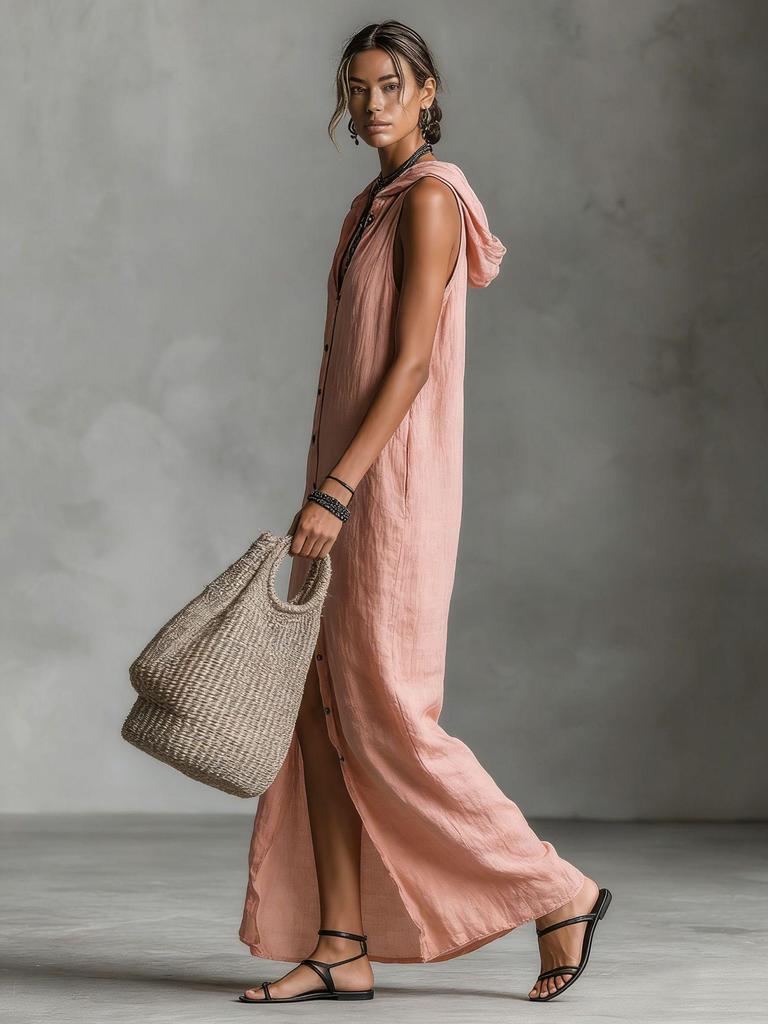 2026 Summer European & American Buckle-Up Sleeveless Hooded Long Dress for Women