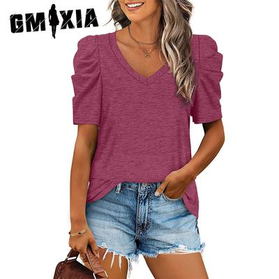T-shirt Top à Manches Courtes et Col en V Plissé et Épissé pour Femmes