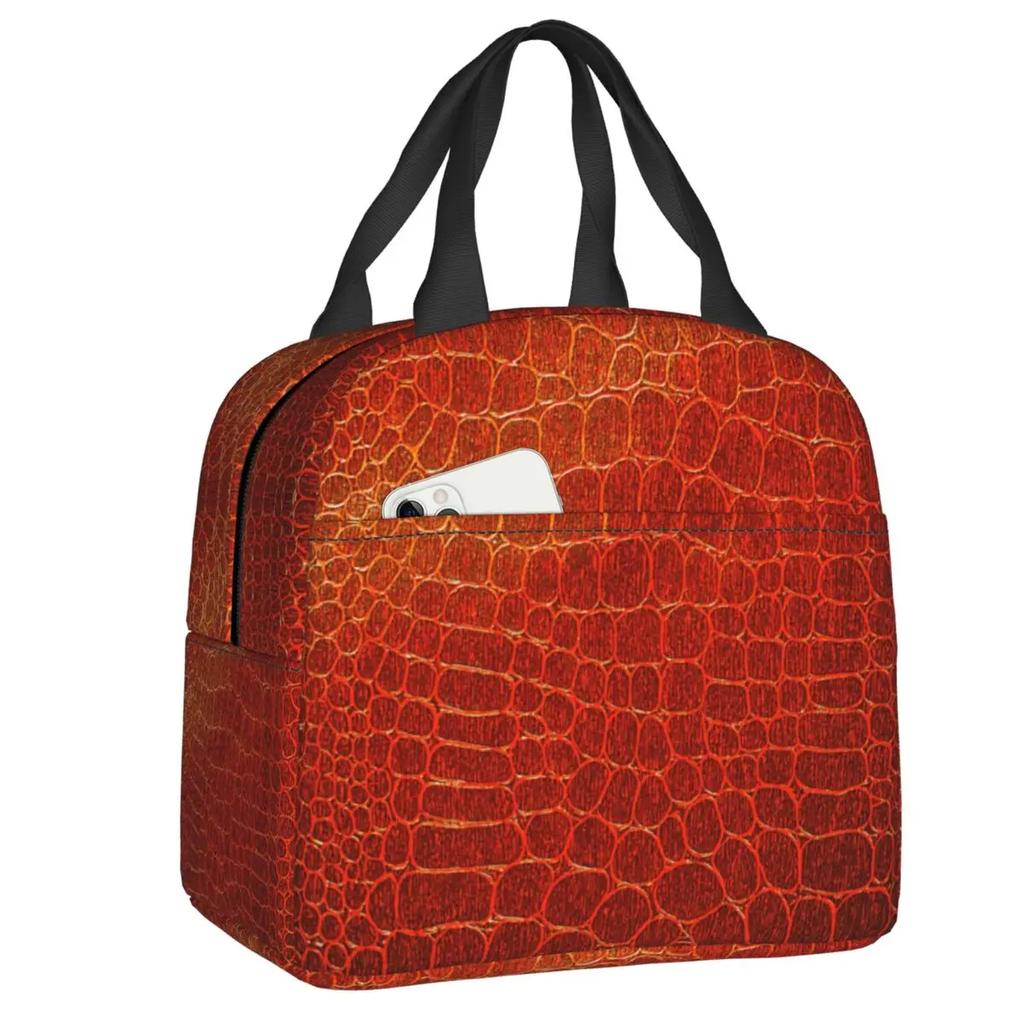Siyah Timsah Derisi Deri Yalıtımlı Yemek Çantaları İş Okul için Timsah Dokusu Soğutucu Termal Yemek Kutusu Kadın Çocuk