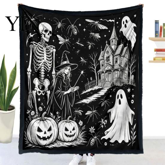 Personalisierbare Samt-Kunstdecke Halloween DIY Maldecke, Überwurf mit Geistermustern, Waschen Sie Ihre eigene gemütliche Decke zum Ausmalen für Erwachsene und Kinder,