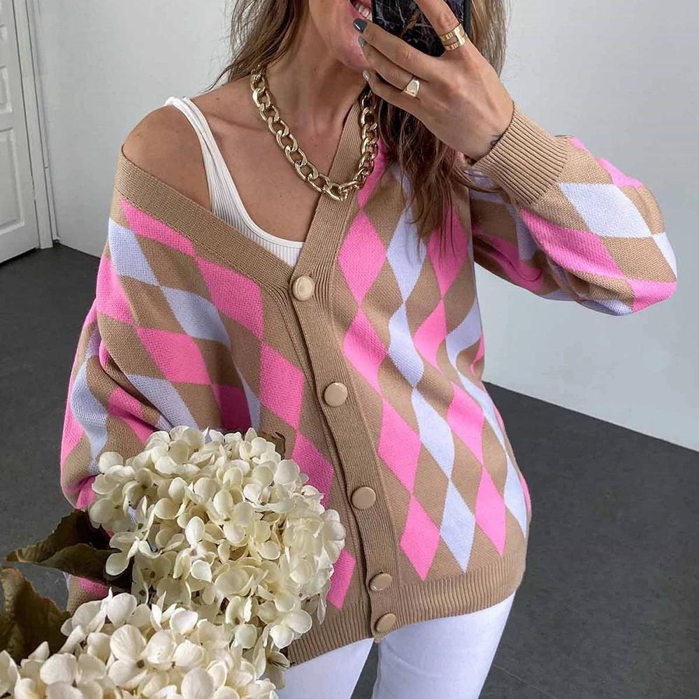 Vintage Geometrische Rhombische Strickjacke Pullover Frauen Herbst Warme Lose Oberbekleidung C-023