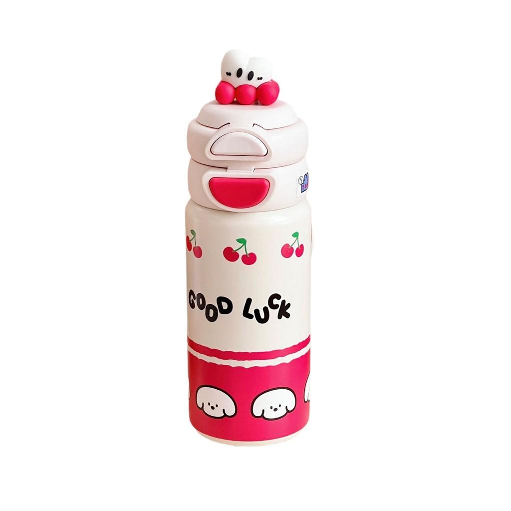 Cute Cartoon Kids Insulated Water Bottle With Double Drinking Straws For School And Travel