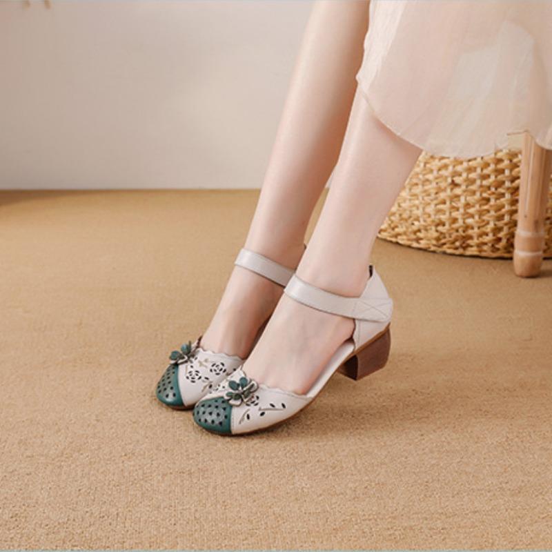 2025 Summer Genuine Leather Shoes Gladiator Sandals Women 4cm High Heels Classic Black Round Toe Hollow Ladies Sandals