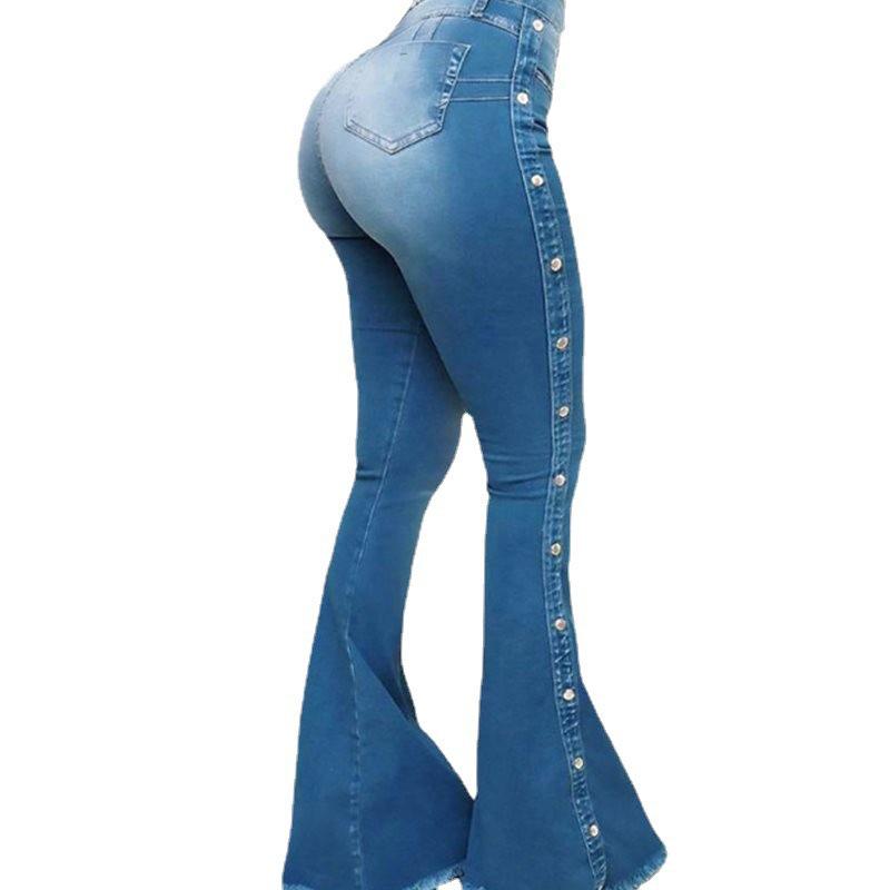 Jeans a zampa elastici a vita alta lunghezza alla caviglia per donna - Stile europeo e americano