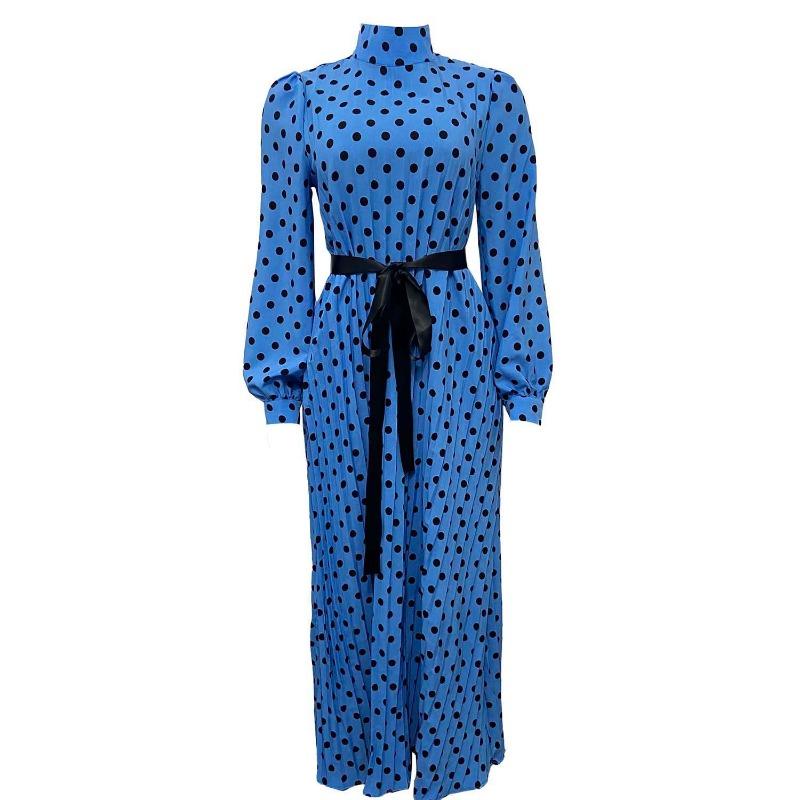 

T women s loose pleated polka dot dress long skirt cross-border large size dress XXXL синий