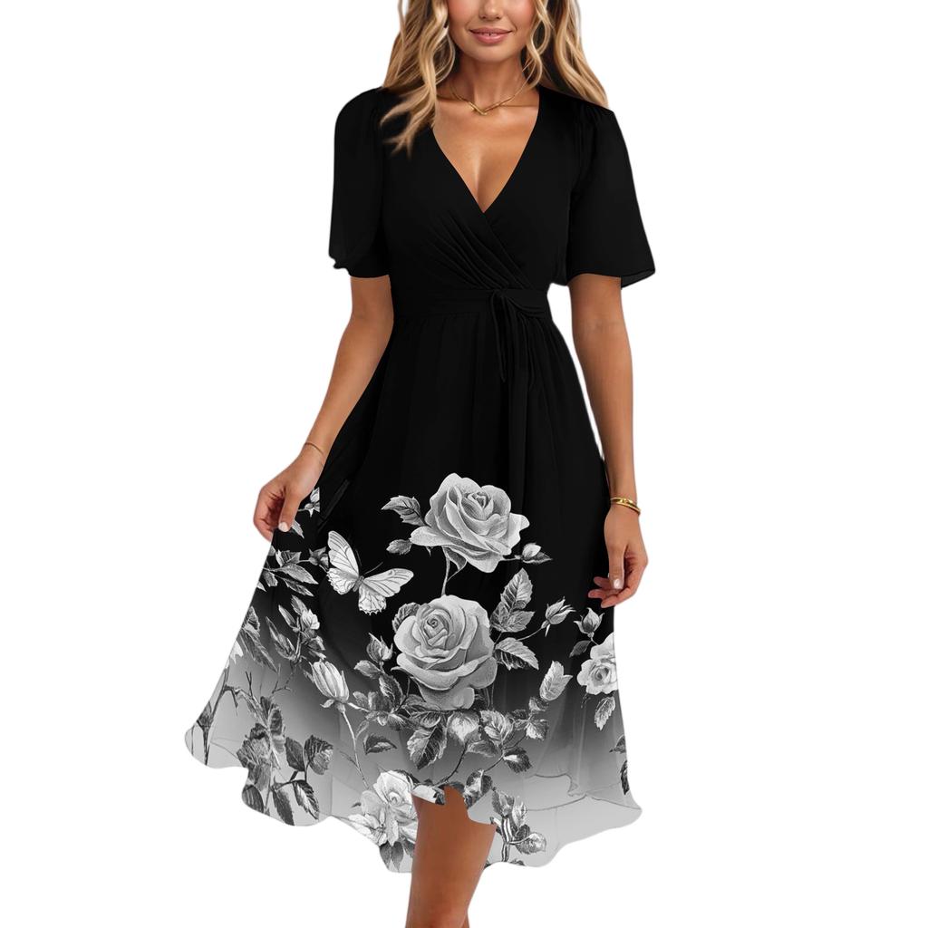 Women’s V Neck Short Sleeve Midi Dress with Floral and Butterfly Print Flowing Hem Casual Fit