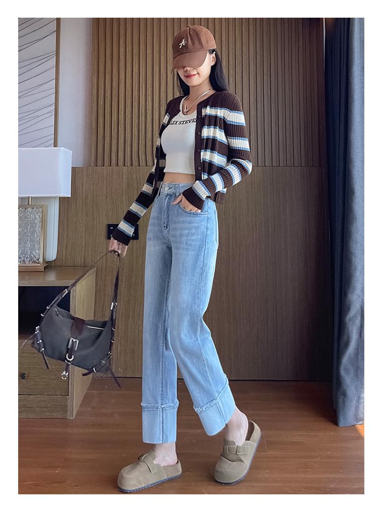 Women's Autumn Patchwork Ripped Straight-Leg Jeans - Cropped, Loose Fit Cigarette Pants