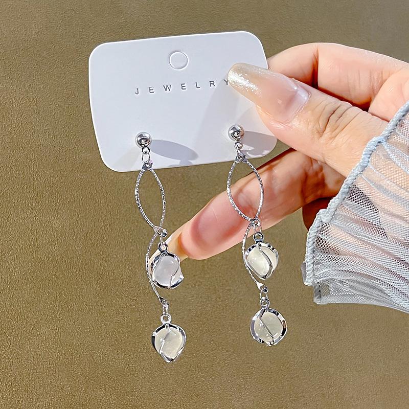 Geometric Tulip Cat's Eye Stone Earrings with 925 Silver Needle