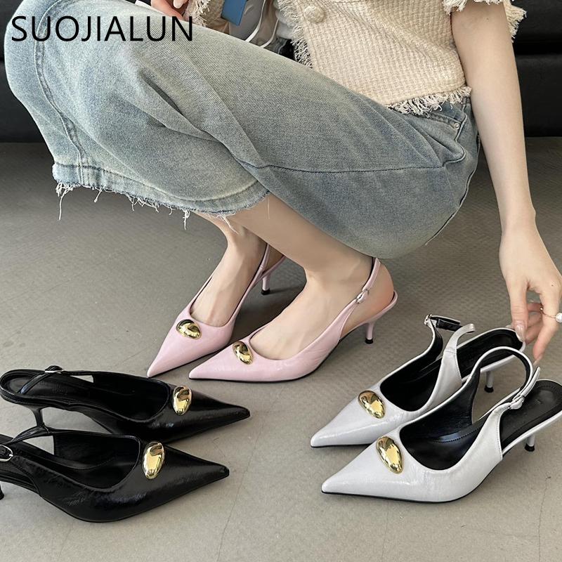 Fashion SUOJIALUN 2025 Spring New Brand Women Sandal Fashion Gold Buckle Ladies Elegant Slingback Sandals Thin High Heel Pointed Toe Pum