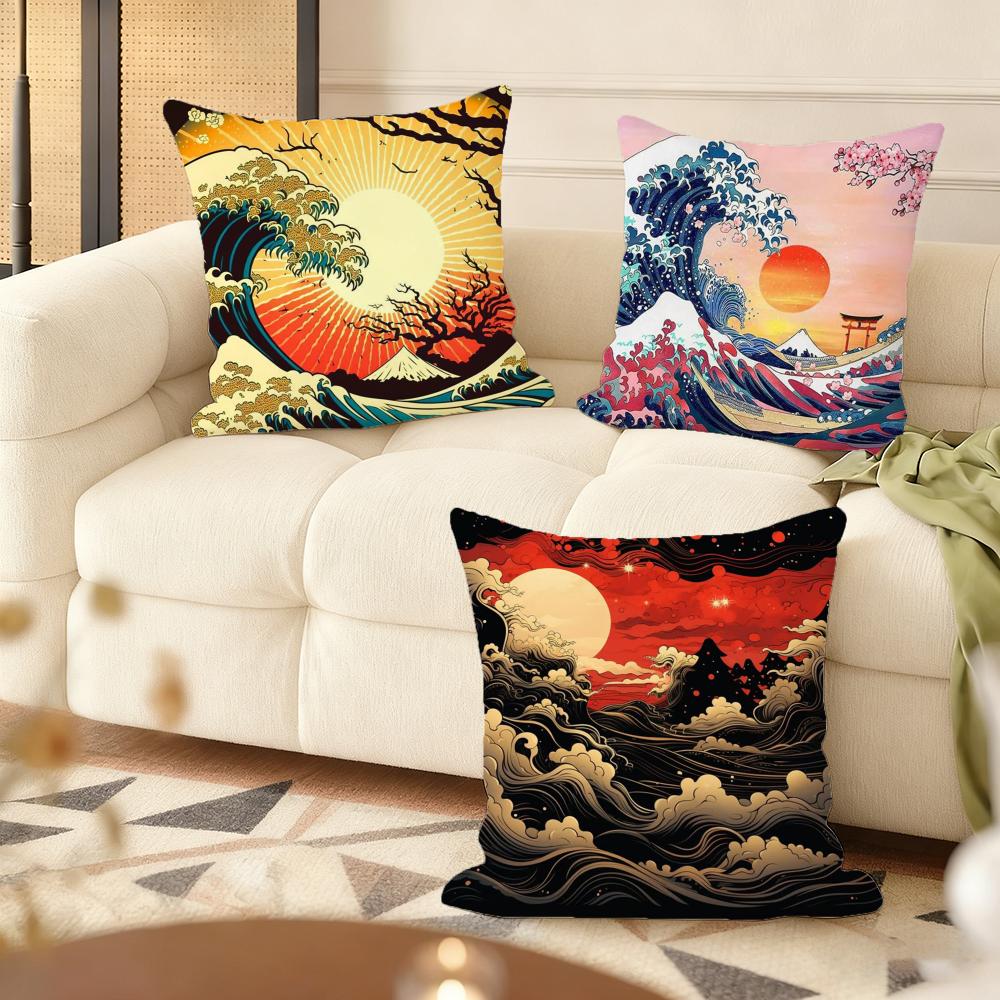 Japanese Waves Cushion Cover Silky Short Plush Double-Sided Printed Pillow Case For Sofa All Seasons Home Decor Gift