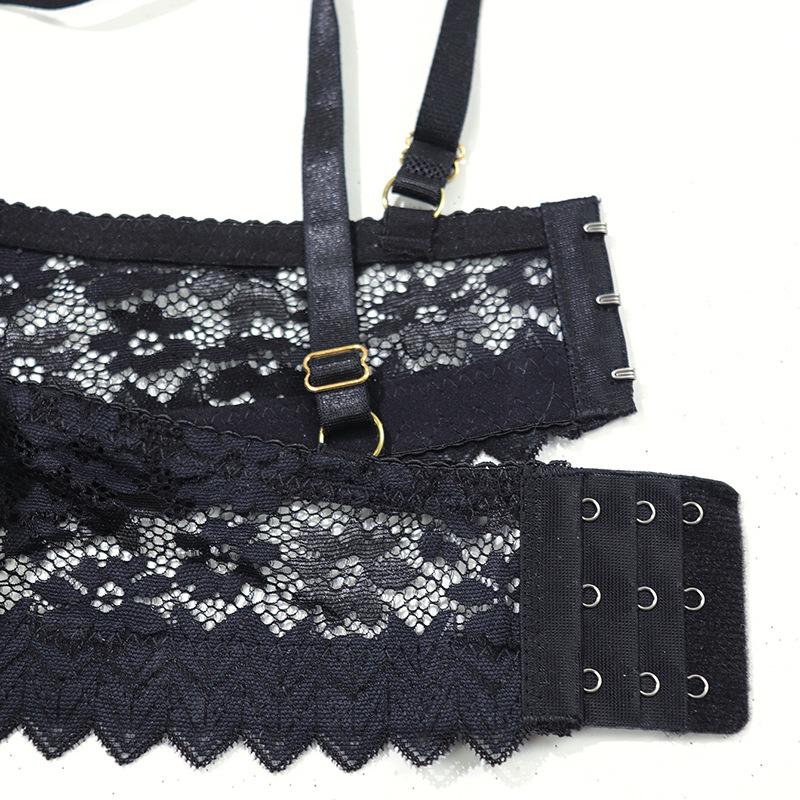 Elegant Rhinestone Lace Bra Set with Metal Chain Straps, Off-Shoulder Push-Up B Cup