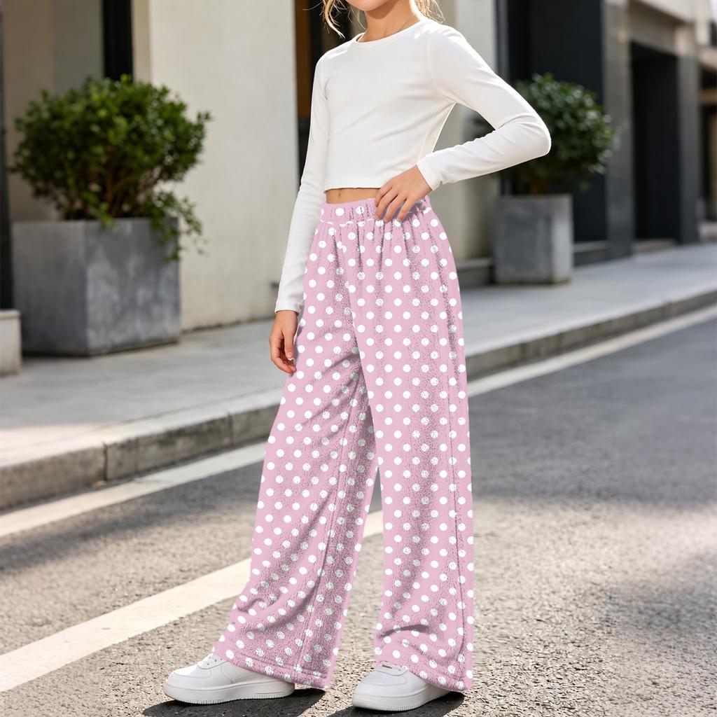 Girls' Flannel Pants Warm Polka Dot Print Comfortable Casual Bottoms for Everyday Wear