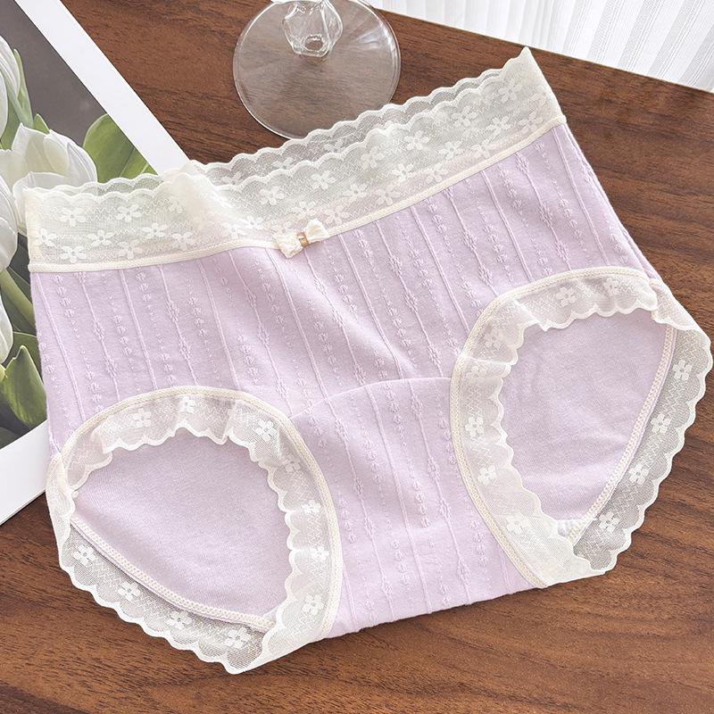 10A Antibacterial Pure Cotton Mid-Waist Lace Underwear for Girls - High Elasticity, Breathable, Skin-Friendly, Comfortable Triangle Panties. XL (suggested 60-70kg) светло-фиолетовый