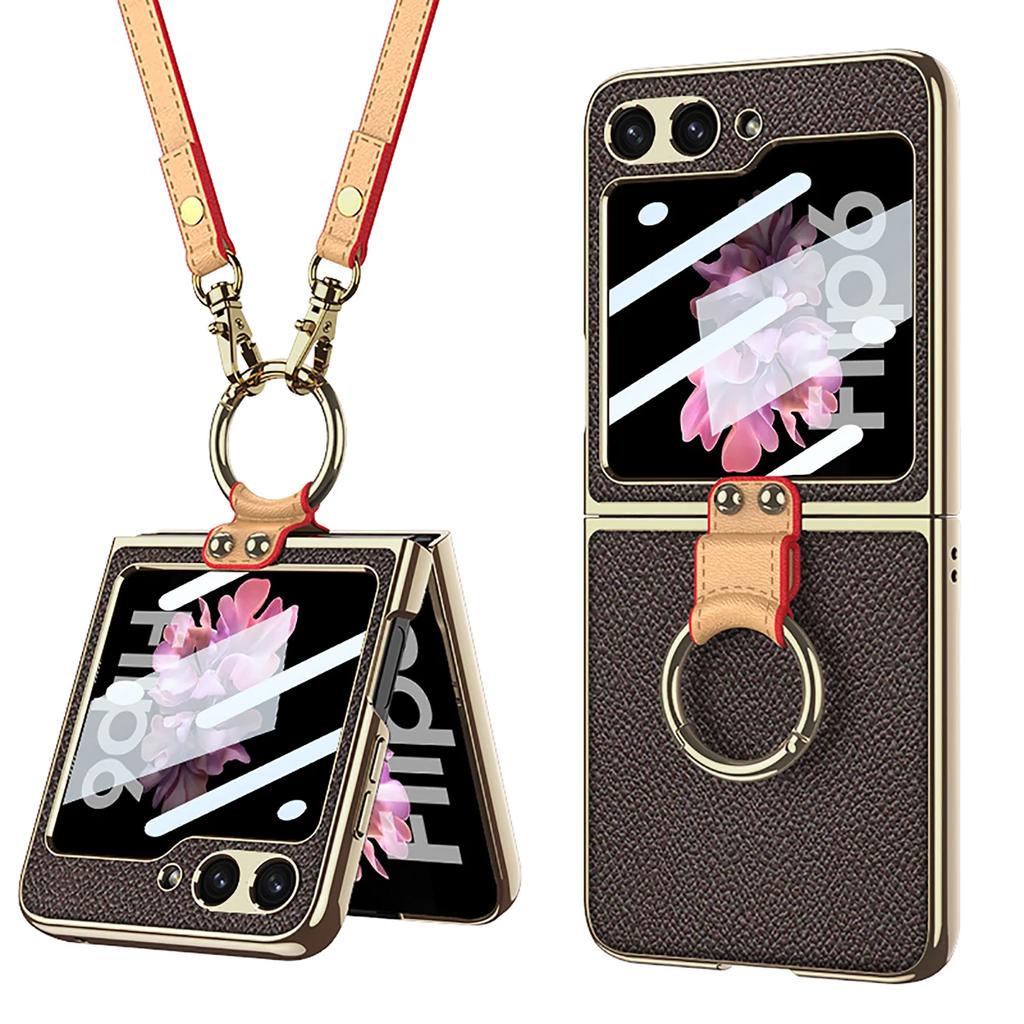 Luxury Plating Leather Shoulder Strap Case For Samsung Galaxy Z Flip 6 Screen Glass Ring Holder Cover For Galaxy Z Flip 5 Cases