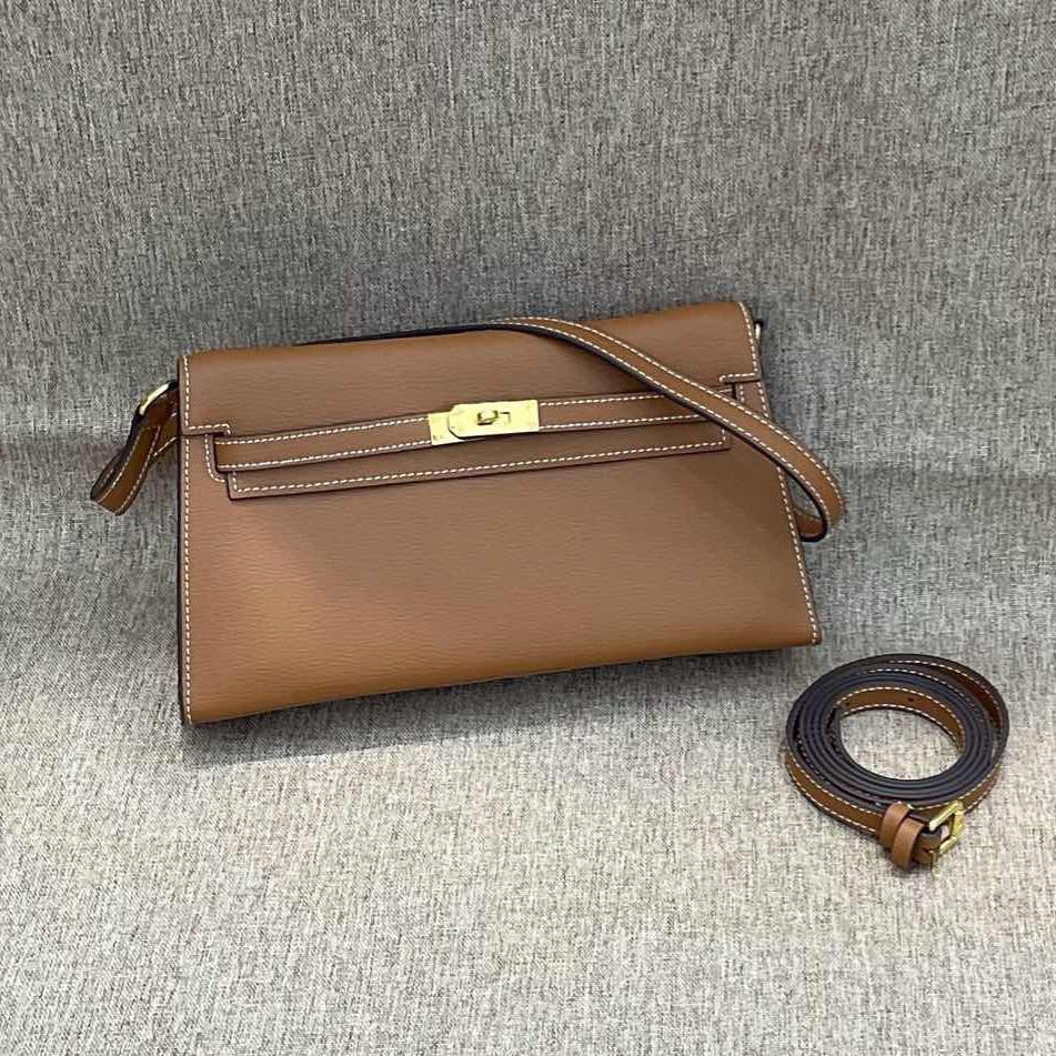 Luxus-lite Kelly-Tasche aus Rindsleder mit Ziegenprint, Unterarmtasche aus echtem Leder, Single-Shoulder Crossbody-Tasche, Retro und vielseitige Damentasche