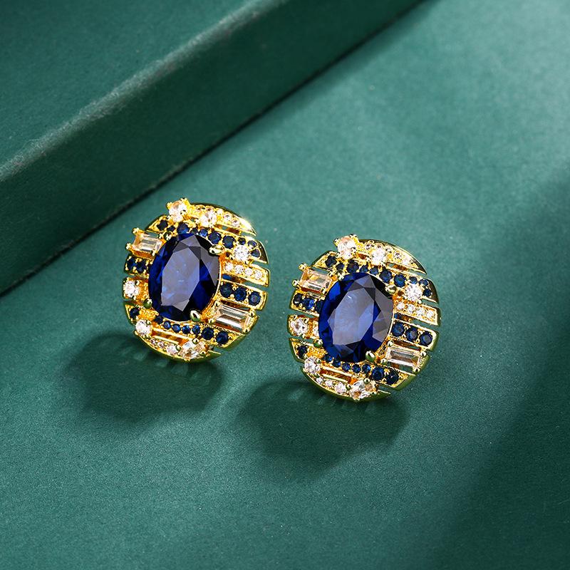 

Huamei Jewelry Earrings Earstuds 925 Pure Silver Needle Simulation Red Corundum Blue Sharp Crystal Dan Shape 8X10 Fashion