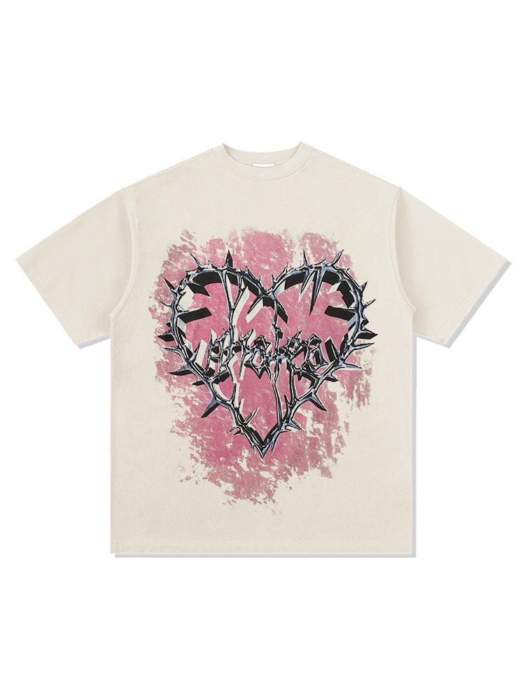 Washed Retro High Street Thorns Small Heavy Vintage Printed Short-Sleeved T-Shirt Retro Neckline Love Bottoming Shirt Cotton