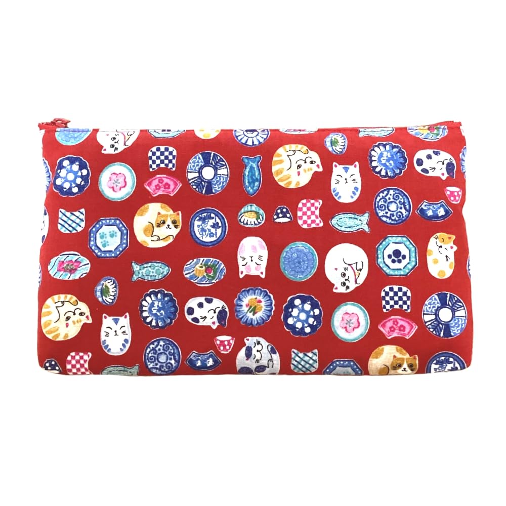 

Kyosuke Сделано в Японии Большой хлопковый мешочек для косметики и 23 x Мелкий предмет Кошка и Тарелка Красный Макияж, Прибл.. 13.5см, Путешествия, Хранение, Со складками, Дизайн,