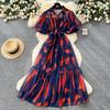 Court style niche high-end bubble sleeve shirt dress women's French strap waist print pendulum long skirt