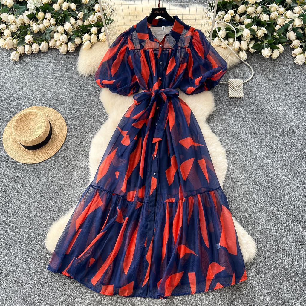 Court style niche high-end bubble sleeve shirt dress women's French strap waist print pendulum long skirt