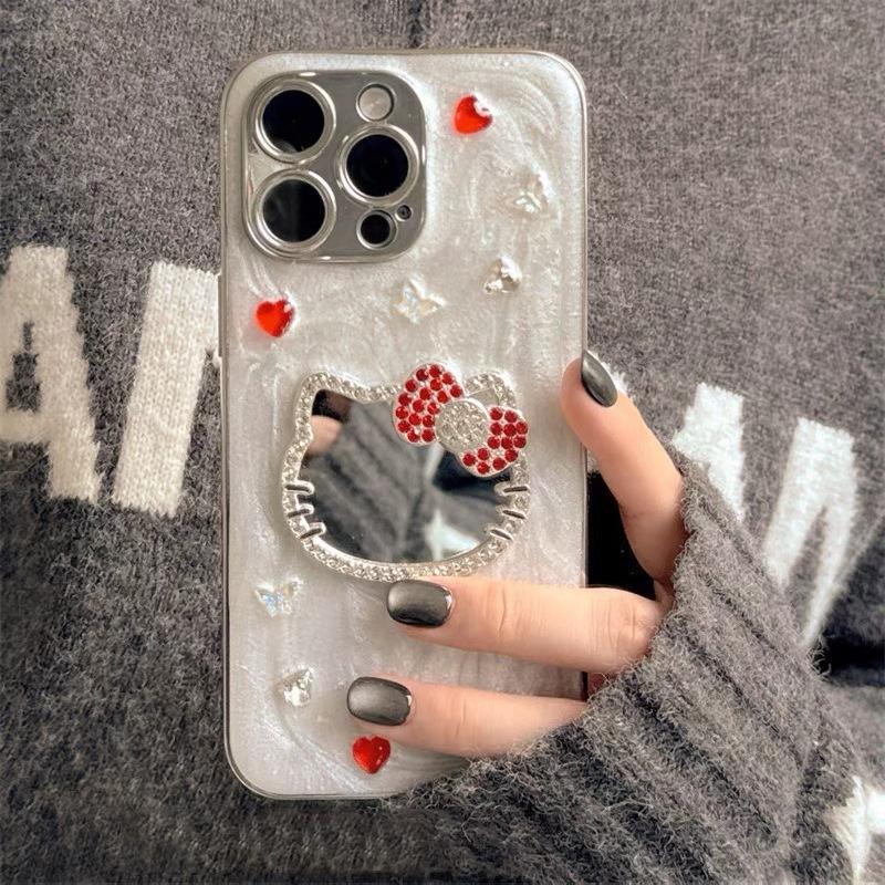 Rhinestone glass Kt cat mirror mobile phone case for Iphone17Promax Epoxy glitter Apple 16 women